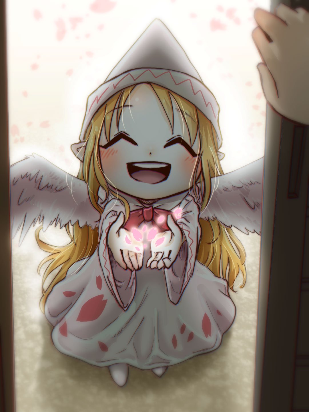 1girl :d ^_^ angel_wings blonde_hair bow bowtie chamaji cherry_blossom_print cherry_blossoms closed_eyes commentary_request door dress eyebrows_visible_through_hair hat highres lily_white long_hair long_sleeves open_door open_mouth outstretched_hand pointy_ears round_teeth shoes smile solo teeth touhou very_long_hair wide_sleeves wings