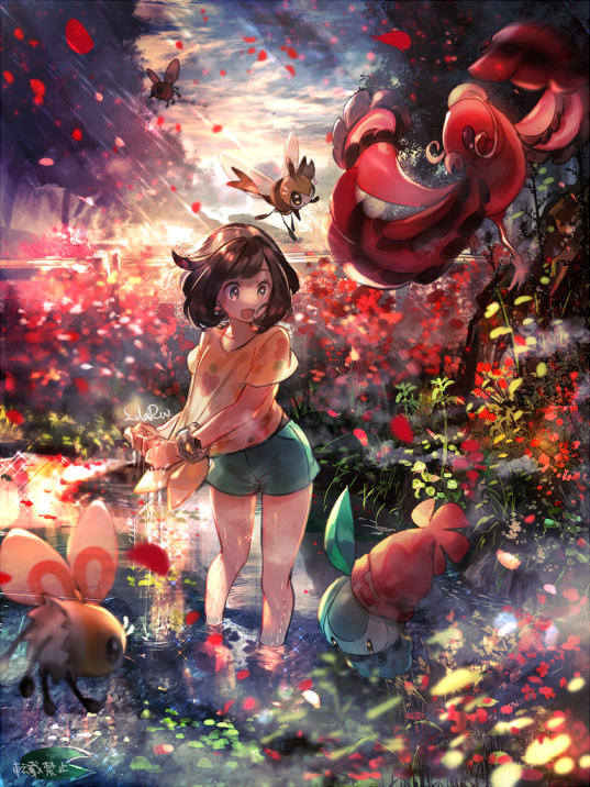 1girl :d backlighting bangs bare_legs beanie brown_hair clouds cloudy_sky cutiefly day floral_print flower full_body green_shorts hat hat_removed headwear_removed medium_hair mizuki_(pokemon_sm) naru_(andante) no_hat no_headwear open_mouth oricorio outdoors petals petilil pokemon pokemon_(creature) pokemon_(game) pokemon_sm rain red_hat ribombee see-through_silhouette shirt shorts signature sky smile sparkle swept_bangs t-shirt tree wading water wet wet_clothes wet_shirt wind wringing_clothes yellow_shirt