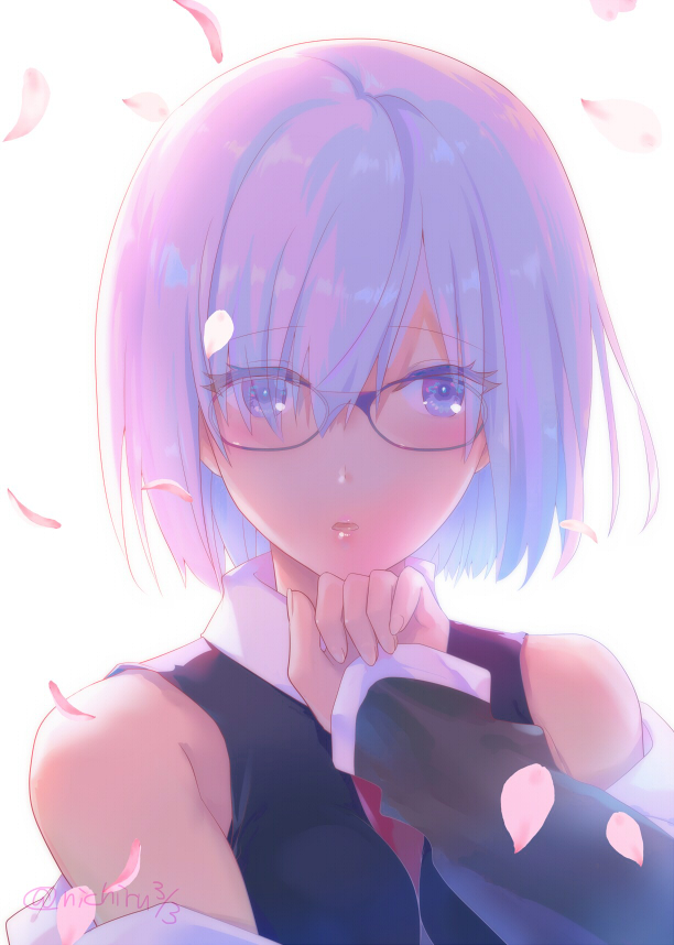 1girl :o bangs bare_shoulders blush colored_eyelashes eyebrows_visible_through_hair eyes_visible_through_hair fate/grand_order fate_(series) glasses hair_over_one_eye hand_up long_sleeves looking_at_viewer mash_kyrielight nichiru off_shoulder open_mouth petals purple-framed_eyewear purple_hair shiny shiny_hair short_hair simple_background sleeves_past_wrists solo twitter_username upper_body violet_eyes white_background wing_collar