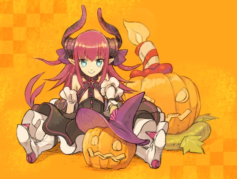 1girl asymmetrical_horns blue_eyes boots candle checkered checkered_background curled_horns detached_sleeves dress elizabeth_bathory_(fate) elizabeth_bathory_(fate)_(all) fate/extra fate/extra_ccc fate_(series) hair_ribbon hat high_heel_boots high_heels hiyo_(y_hiyoshi) jack-o'-lantern layered_dress looking_at_viewer orange_background pink_hair pointy_ears ribbon sitting smile solo tail witch_hat