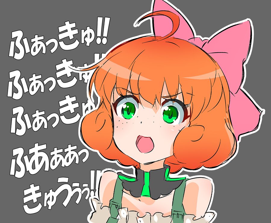 1girl a.i._channel ahoge freckles green_eyes iesupa orange_hair penny_polendina rwby solo translated