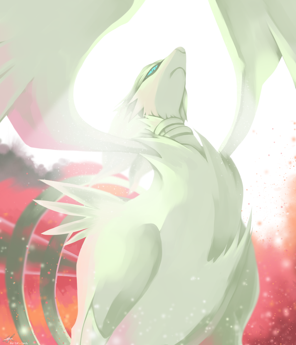 aqua_eyes closed_eyes commentary dated looking_away looking_up no_humans pink_background pokemon pokemon_(creature) pokemon_(game) pokemon_bw reshiram rock-bomber serious signature sky solo twilight upper_body wings