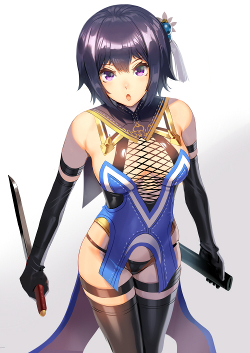 1girl :o arm_strap bangs bare_shoulders black_gloves black_legwear black_panties breasts cleavage cowboy_shot elbow_gloves fishnets gloves gradient gradient_background grey_background hair_bobbles hair_ornament holding holding_sword holding_weapon looking_at_viewer medium_breasts ogino_(oginogino) open_mouth original panties purple_hair revision shiny shiny_hair short_hair solo standing sword thigh-highs thigh_strap underwear unsheathed violet_eyes weapon