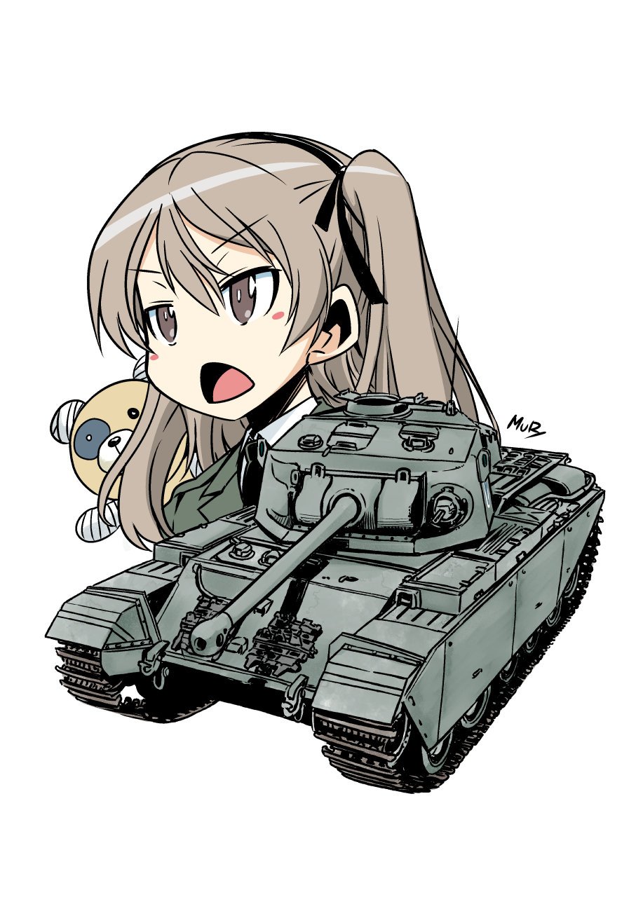 1girl blush_stickers boko_(girls_und_panzer) brown_eyes brown_hair caterpillar_tracks centurion_(tank) girls_und_panzer ground_vehicle highres military military_vehicle motor_vehicle muramasa_mikado no_nose shimada_arisu simple_background stuffed_animal stuffed_toy tank teddy_bear