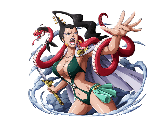 1girl black_hair blue_eyes bodskih bodysuit breasts cape cleavage earrings epaulettes jewelry kikyou_(one_piece) large_breasts long_hair navel official_art one_piece open_mouth ponytail snake solo sword teeth transparent_background weapon
