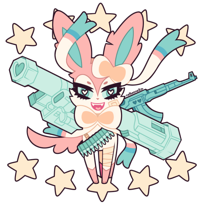 bandage bazooka commentary deviantart_username eyelashes fangs full_body grin gun looking_at_viewer machine_gun magazine_(weapon) nekozneko no_humans pink pink_skin pokemon pokemon_(creature) pokemon_(game) pokemon_xy ribbon signature smile solo standing star starry_background sylveon transparent_background weapon