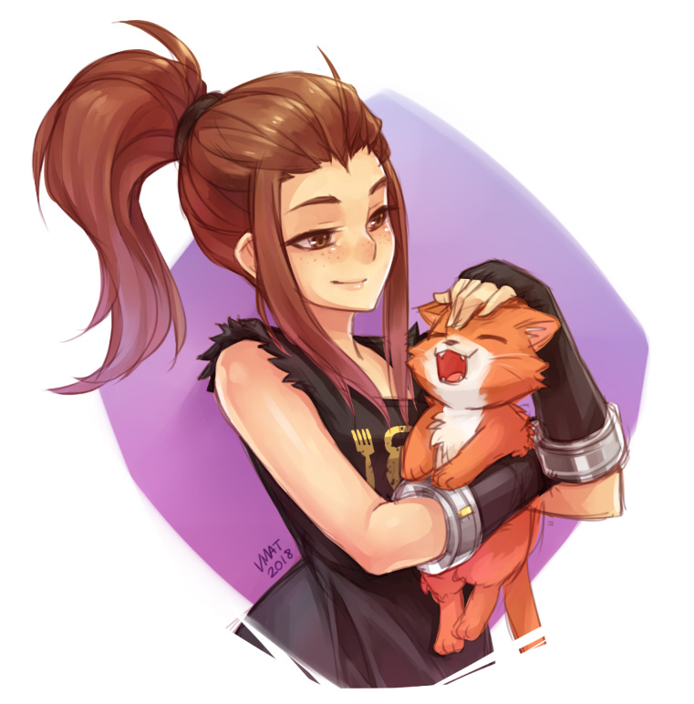 1girl 2018 animal artist_name black_gloves black_shirt breasts brigitte_(overwatch) brown_eyes brown_hair cat closed_eyes closed_mouth commentary dated fangs fingerless_gloves freckles gloves hair_ornament hair_tie half-closed_eyes hand_on_head lips long_hair open_mouth overwatch petting ponytail shirt sidelocks sleeveless sleeveless_shirt smile solo upper_body vmat