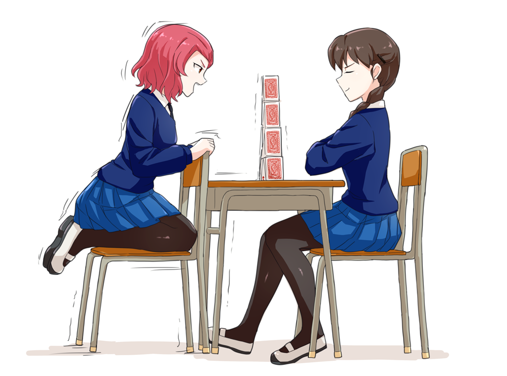 2girls bangs black_legwear black_neckwear blue_skirt blue_sweater braid brown_hair card chair closed_eyes closed_mouth crossed_arms desk dress_shirt girls_und_panzer hair_over_shoulder kneeling long_hair long_sleeves miniskirt multiple_girls necktie open_mouth pantyhose playing_card pleated_skirt redhead rosehip rukuriri school_chair school_desk school_uniform shirt shoes short_hair simple_background single_braid sitting skirt smile st._gloriana's_school_uniform sweater trembling uwabaki viscount_shishamo white_background white_footwear white_shirt