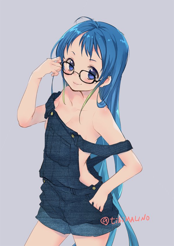 1girl adjusting_eyewear bangs bare_shoulders bespectacled black-framed_eyewear blue_eyes blue_hair breasts closed_mouth collarbone commentary_request glasses gradient_hair green_hair grey_background hand_on_hip kantai_collection long_hair malino_(dream_maker) multicolored_hair naked_overalls overalls samidare_(kantai_collection) sidelocks simple_background small_breasts smile solo twitter_username very_long_hair