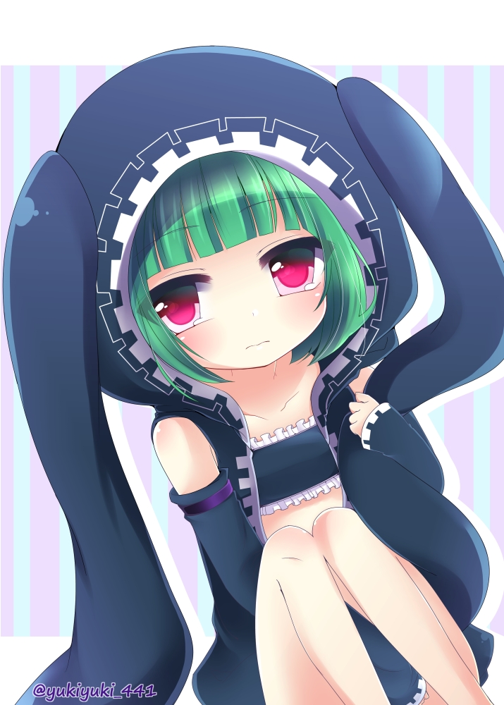 1girl animal_ears animal_hood bandeau bangs bare_shoulders between_legs black_bandeau black_hoodie blunt_bangs blush bunny_hood character_request closed_mouth collarbone commentary_request detached_sleeves dutch_angle eyebrows_visible_through_hair floppy_ears frills green_hair hand_between_legs hood hoodie long_sleeves looking_at_viewer open_clothes open_hoodie rabbit_ears shironeko_project sitting sleeveless sleeveless_hoodie sleeves_past_wrists solo striped twitter_username vertical-striped_background vertical_stripes violet_eyes yukiyuki_441