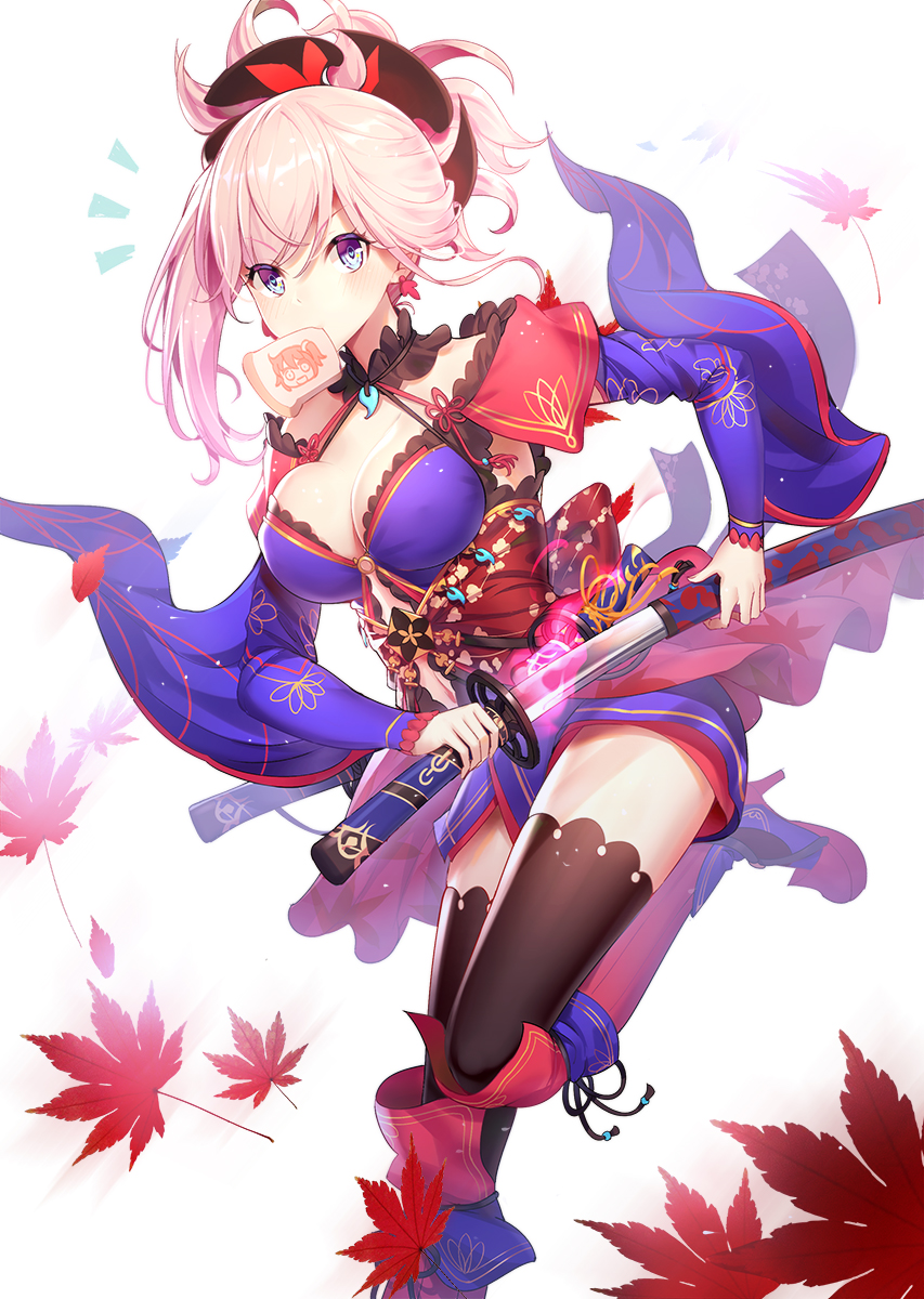 1girl autumn_leaves bangs black_legwear blue_eyes blue_kimono boots breasts cleavage commentary_request detached_sleeves eyebrows_visible_through_hair fate/grand_order fate_(series) food food_in_mouth fujimaru_ritsuka_(female) hair_between_eyes hair_ornament high_heel_boots high_heels highres holding holding_sheath holding_sword holding_weapon japanese_clothes katana kimono knee_boots large_breasts leaf long_hair long_sleeves looking_at_viewer magatama maple_leaf miyamoto_musashi_(fate/grand_order) mouth_hold navel navel_cutout obi pink_hair ponytail ririko_(zhuoyandesailaer) sash sheath short_kimono sidelocks simple_background sleeveless sleeveless_kimono solo standing standing_on_one_leg sword thigh-highs thighhighs_under_boots toast toast_in_mouth unsheathing weapon white_background