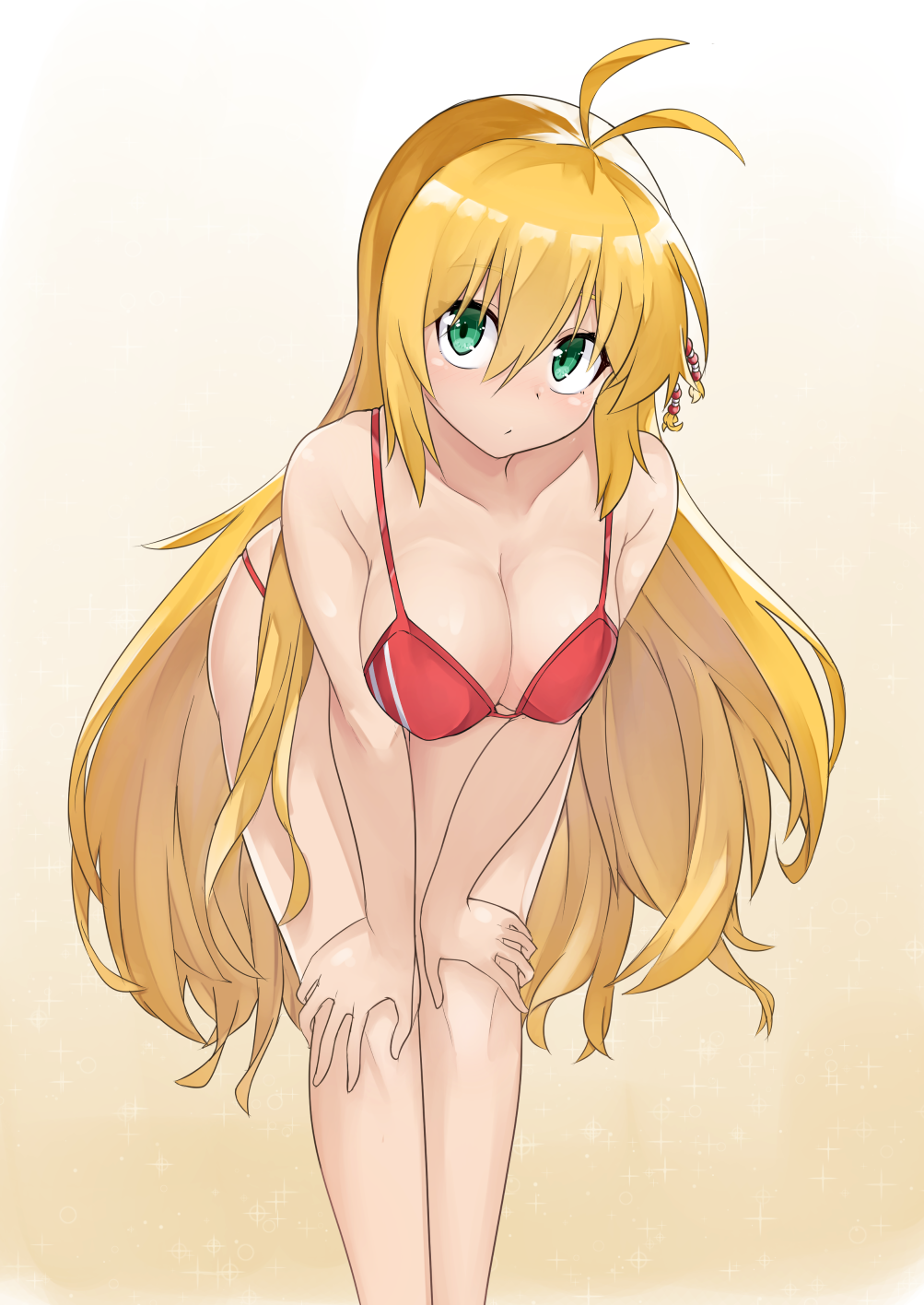 1girl antenna_hair bangs bare_legs bare_shoulders bent_over bikini blonde_hair blush breasts cleavage closed_mouth collarbone eyebrows_visible_through_hair feet_out_of_frame gradient gradient_background green_eyes hair_between_eyes hair_ornament highres large_breasts long_hair red_bikini sanpaku shinwota shiny shiny_hair solo sparkle standing swimsuit tareme tsurumaki_maki very_long_hair voiceroid yellow_background