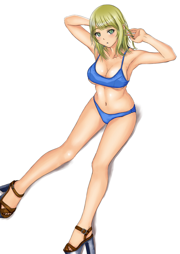 1girl :o armpits arms_up bangs bare_legs bikini blonde_hair blue_bikini blush breasts cleavage closed_eyes collarbone dutch_angle eyebrows_visible_through_hair from_above head_tilt invisible_chair looking_at_viewer looking_up medium_breasts muffin_(sirumeria) original parted_lips platform_footwear sandals simple_background sitting solo swimsuit tareme under_boob white_background