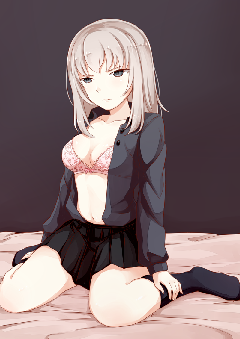 1girl bangs bed_sheet black_legwear black_skirt blue_eyes bow bow_bra bra breasts cleavage closed_mouth dress_shirt eyebrows_visible_through_hair frown full_body girls_und_panzer grey_background grey_shirt itsumi_erika lace lace-trimmed_bra long_hair long_sleeves looking_to_the_side medium_breasts miniskirt navel no_shoes on_bed open_clothes open_shirt pink_bra pleated_skirt school_uniform shirt silver_hair sitting skirt socks solo underwear viscount_shishamo wariza wavy_mouth