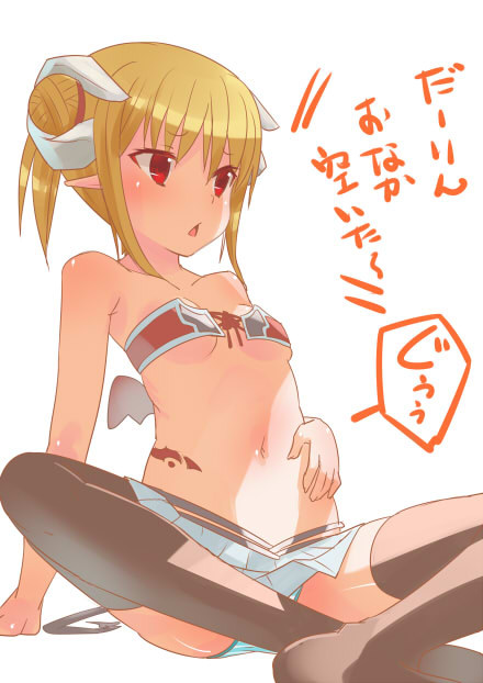 1girl bandeau bare_shoulders black_legwear blonde_hair breasts demon_girl double_bun hand_on_own_stomach horns kakuno looking_away navel original panties pointy_ears red_eyes shelly_(kakuno) simple_background sitting skirt small_breasts solo spread_legs stomach_growling striped striped_panties tail tattoo thigh-highs translation_request triangle_mouth underwear white_background wings
