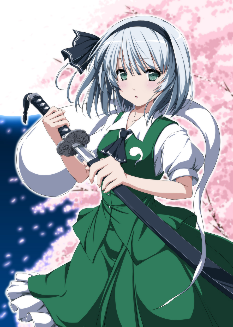 1girl black_hairband black_neckwear black_ribbon blush breasts cherry_blossoms collarbone collared_shirt commentary_request cowboy_shot eyebrows_visible_through_hair green_eyes green_skirt green_vest hair_ribbon hairband highres hitodama holding holding_sword holding_weapon konpaku_youmu konpaku_youmu_(ghost) looking_at_viewer medium_breasts neck_ribbon nori_tamago parted_lips petticoat puffy_short_sleeves puffy_sleeves ribbon sheath shirt short_hair short_sleeves silver_hair skirt solo standing sword touhou unsheathing vest weapon white_shirt