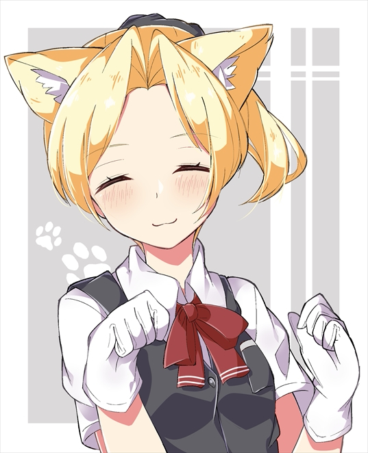 1girl :3 ^_^ animal_ears bangs black_vest blush bow bowtie cat_ears closed_eyes closed_mouth collared_shirt eyebrows_visible_through_hair facing_viewer forehead hikobae kantai_collection kemonomimi_mode maikaze_(kantai_collection) parted_bangs paw_background paw_pose ponytail red_bow red_neckwear shirt short_hair short_sleeves smile solo two-tone_background upper_body vest white_shirt wing_collar