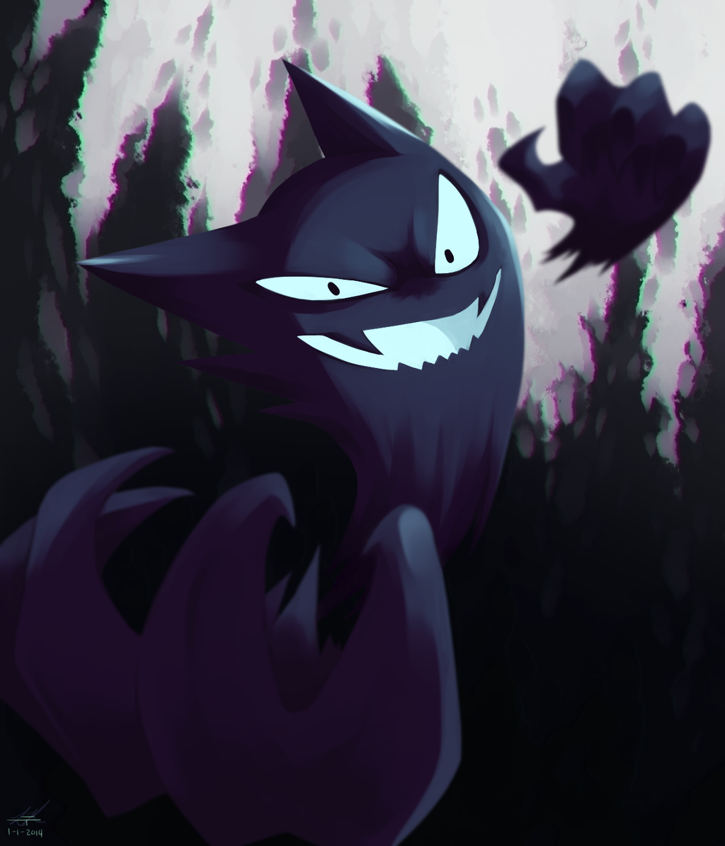 &gt;:d black_background black_eyes commentary dated fangs full_body ghost grey_background grin haunter looking_at_viewer no_humans open_mouth pokemon pokemon_(creature) pokemon_(game) pokemon_rgby rock-bomber signature smile solo