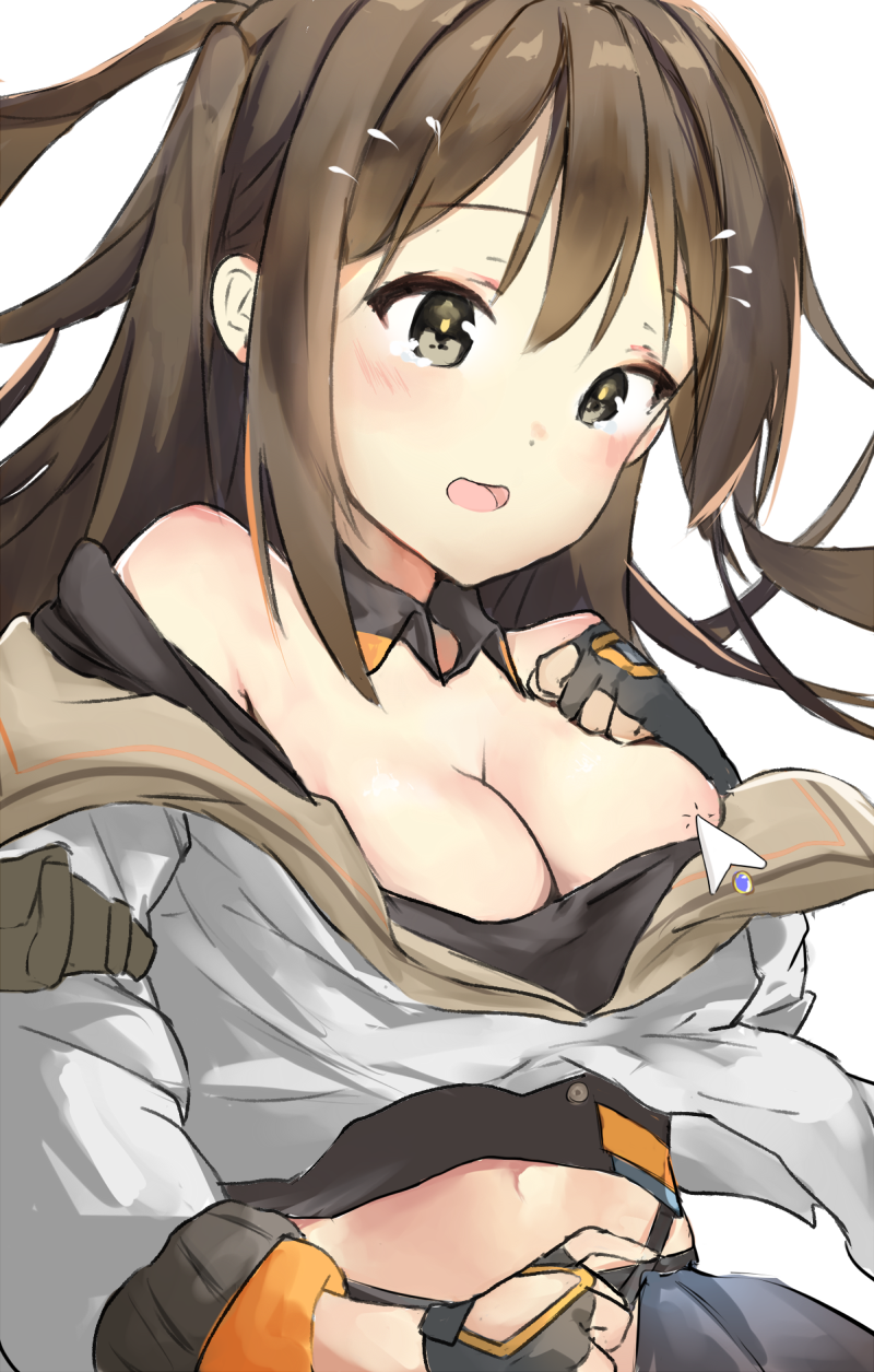 1girl bangs bare_shoulders blush breasts brown_eyes brown_hair cleavage crop_top eyebrows_visible_through_hair fingerless_gloves flustered girls_frontline gloves hair_between_eyes hand_on_own_chest highres jacket k-2_(girls_frontline) long_hair medium_breasts midriff navel off_shoulder open_mouth partly_fingerless_gloves pointer side_ponytail sidelocks simple_background skirt solo sweatdrop tears white_background xiao_dingdang_nayo