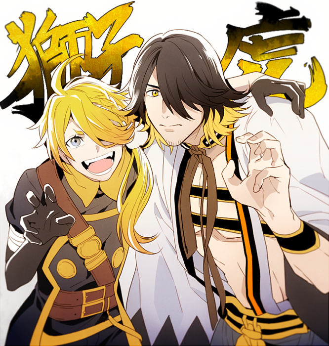 2boys arm_around_shoulder black_gloves black_hair blonde_hair blue_eyes braid facial_hair fangs gloves hair_over_one_eye japanese_clothes male_focus multicolored_hair multiple_boys nagasone_kotetsu open_mouth ponytail shishiou smile stubble t_k_g touken_ranbu translation_request two-tone_hair yellow_eyes