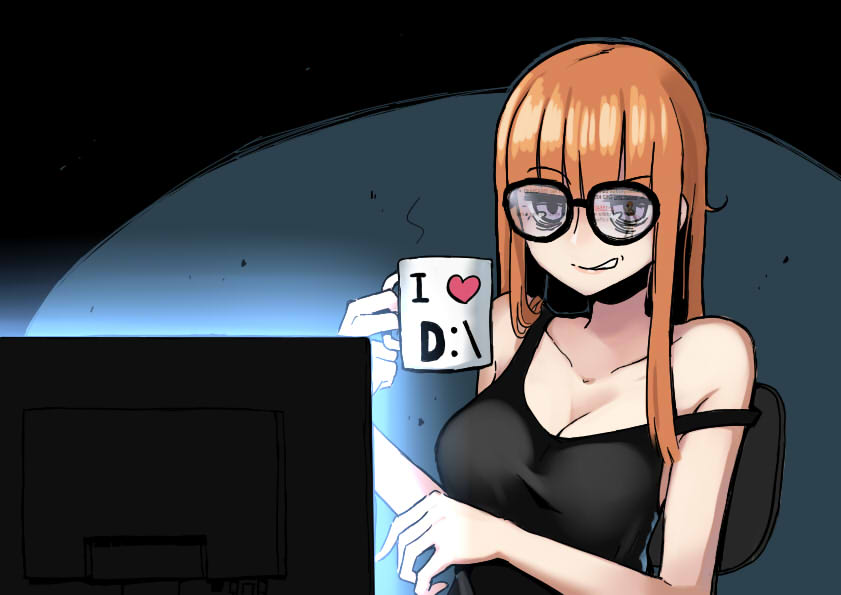 1girl bangs bare_arms bare_shoulders black-framed_eyewear blunt_bangs breasts chair cleavage clenched_teeth cup eyebrows_visible_through_hair glasses half-closed_eyes heart holding holding_cup kion-kun long_hair medium_breasts monitor parted_lips persona persona_5 reflection sakura_futaba screen_light shiny shiny_hair sleeveless solo straight_hair tank_top teeth upper_body