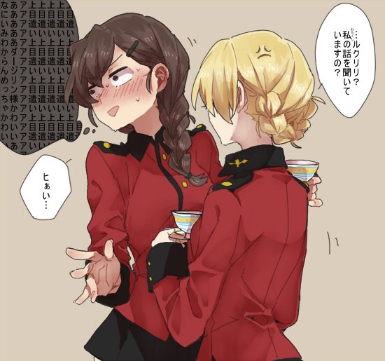 2girls anger_vein blonde_hair blush braid brown_hair cowboy_shot cup darjeeling french_braid girls_und_panzer hair_over_one_eye long_hair looking_away multiple_girls ree_(re-19) rukuriri short_hair single_braid st._gloriana's_military_uniform sweatdrop tan_background teacup thought_bubble translation_request trembling