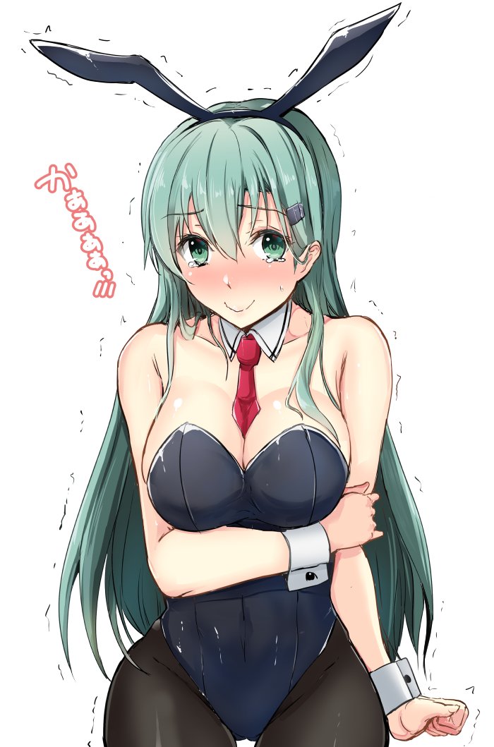 1girl animal_ears aqua_hair bare_shoulders between_breasts blue_leotard blush breasts bunnysuit cleavage collarbone covered_navel detached_collar embarrassed fake_animal_ears gin'ichi_(akacia) green_eyes hair_ornament hairclip kantai_collection large_breasts leotard long_hair looking_at_viewer necktie necktie_between_breasts nose_blush pantyhose rabbit_ears red_neckwear simple_background smile solo suzuya_(kantai_collection) trembling upper_body white_background wrist_cuffs