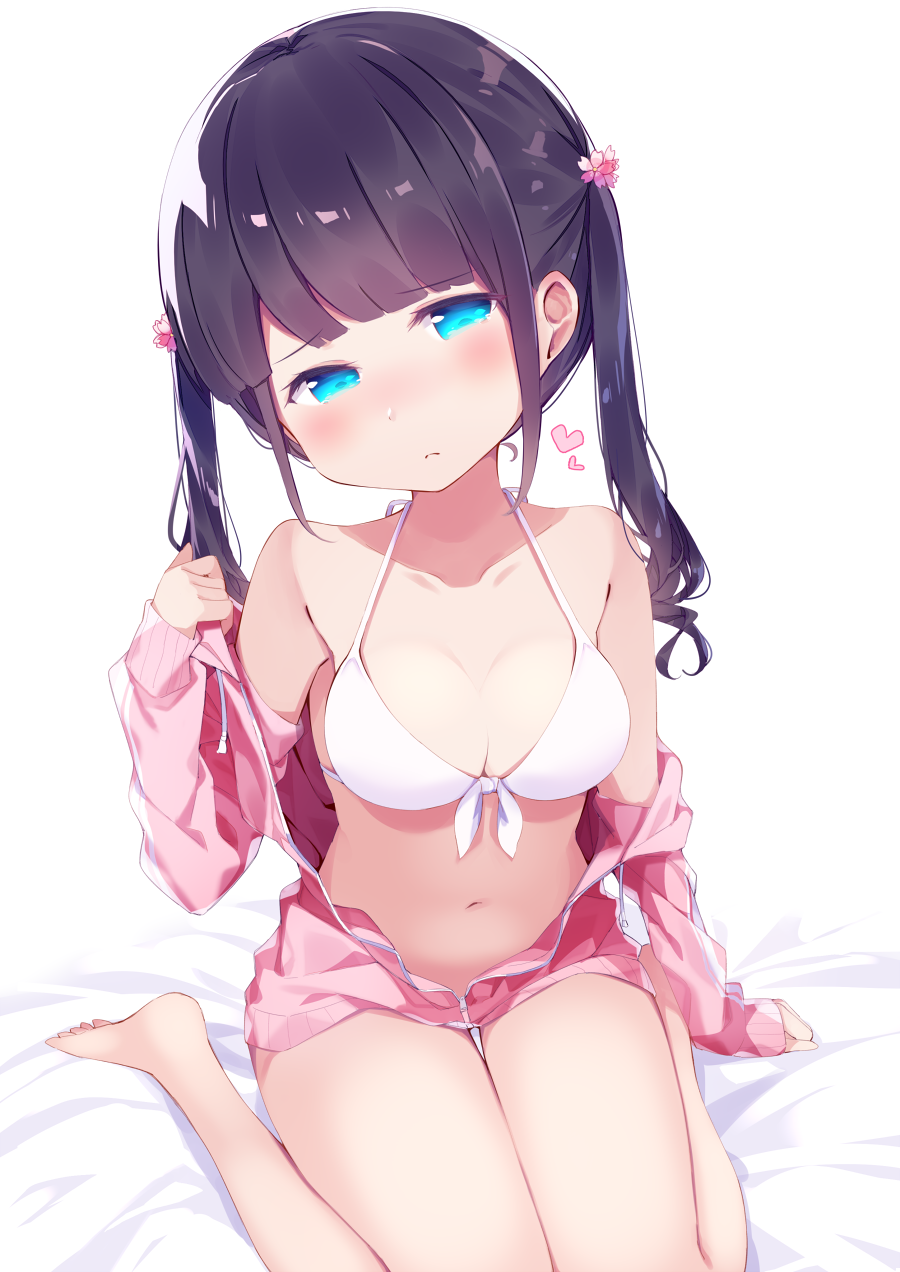 1girl bangs bed_sheet bikini blush breasts chikuwa. closed_mouth eyebrows_visible_through_hair front-tie_bikini front-tie_top half-closed_eyes halter_top halterneck hands_up heart highres hood hoodie long_hair looking_at_viewer medium_breasts navel open_clothes open_hoodie original shiny shiny_hair sidelocks simple_background sitting sleeves_past_wrists solo swimsuit tareme thighs twintails wariza white_background white_bikini