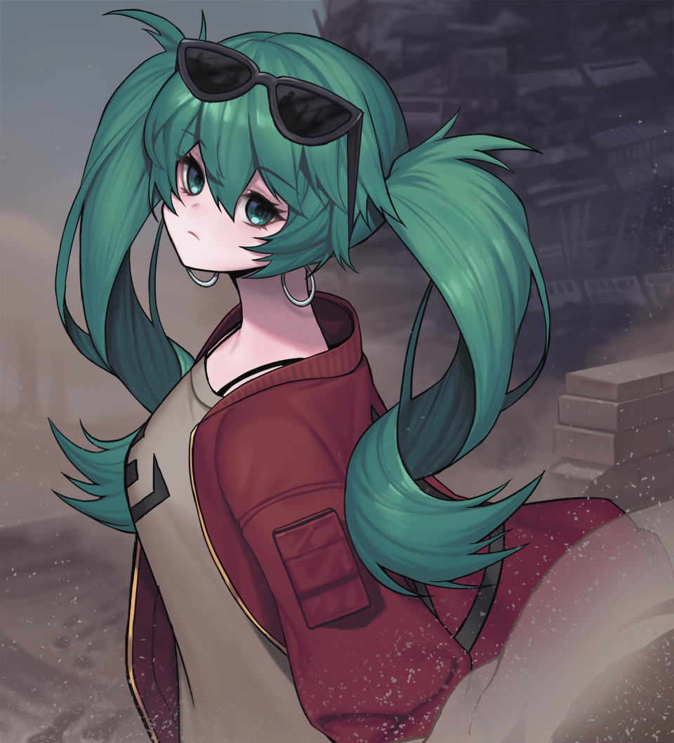 1girl brown_shirt closed_mouth earrings expressionless eyebrows_visible_through_hair eyewear_on_head green_eyes green_hair hatsune_miku jacket jewelry kyundoo long_hair looking_at_viewer red_jacket sand shirt solo suna_no_wakusei_(vocaloid) twintails upper_body vocaloid