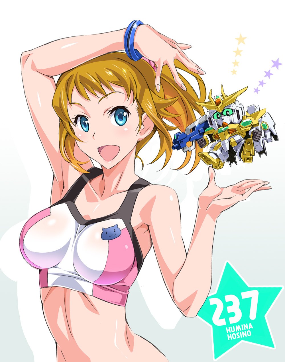 1girl :d arm_up armpits blue_eyes blush breasts brown_hair character_name energy_gun gundam gundam_build_fighters gundam_build_fighters_try gunpla highres hoshino_fumina large_breasts looking_at_viewer mecha midriff open_mouth ponytail scrunchie shiny shiny_hair shiny_skin short_hair smile solo sports_bra suzutsuki_kurara upper_body weapon winning_gundam