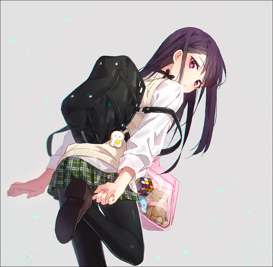 1girl bag black_legwear hakusai_(tiahszld) loafers long_hair looking_at_viewer mole mole_under_eye original pantyhose pleated_skirt purple_hair rubik's_cube school_bag school_uniform shoes skirt solo stuffed_animal stuffed_toy sweater_vest teddy_bear violet_eyes