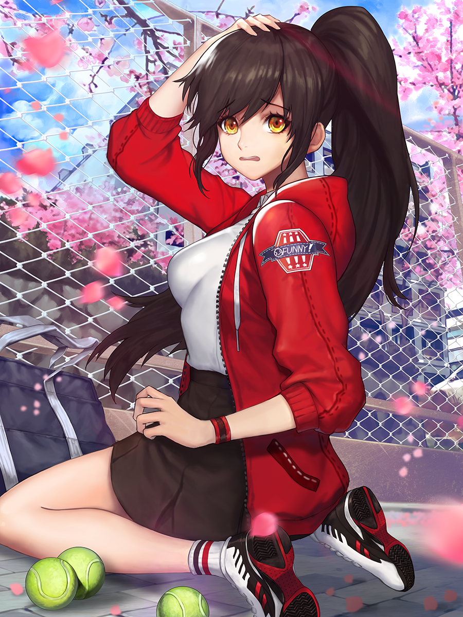1girl :o bag ball bare_legs black_hair black_skirt chain-link_fence cherry_blossoms fence full_body hand_on_own_head highres jacket kneeling kyundoo long_hair looking_at_viewer open_mouth original ponytail raised_eyebrows red_jacket shirt shoes skirt sneakers socks solo tennis_ball white_shirt yellow_eyes