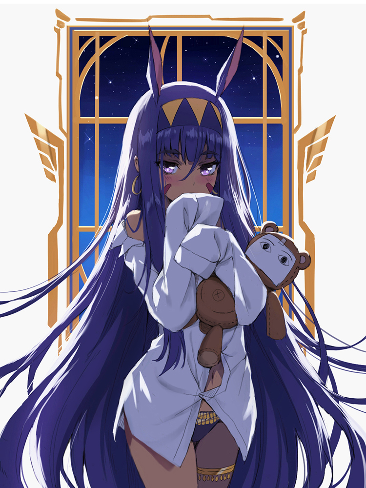 &lt;o&gt;_&lt;o&gt; 1girl animal_ears bangs bare_shoulders black_panties blunt_bangs blush commentary covering_mouth dress_shirt earrings eyebrows_visible_through_hair facial_mark fate/grand_order fate_(series) hair_between_eyes hairband hoop_earrings jewelry long_hair long_sleeves looking_at_viewer navel night night_sky nitocris_(fate/grand_order) no_pants off_shoulder panties paper purple_hair rabbit_ears shirt sky sleeves_past_fingers solo star_(sky) starry_sky straight_hair stuffed_animal stuffed_toy teddy_bear thigh_strap tonee two-tone_hairband underwear very_long_hair violet_eyes whisker_markings white_shirt window