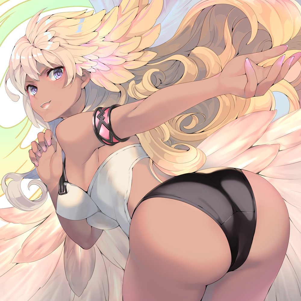 1girl angel angel_wings armlet ass bent_over blonde_hair curly_hair dark_skin female granblue_fantasy harut_(granblue_fantasy) huge_ass looking_at_viewer looking_back nail_polish naruse_hirofumi shiny smile violet_eyes wings