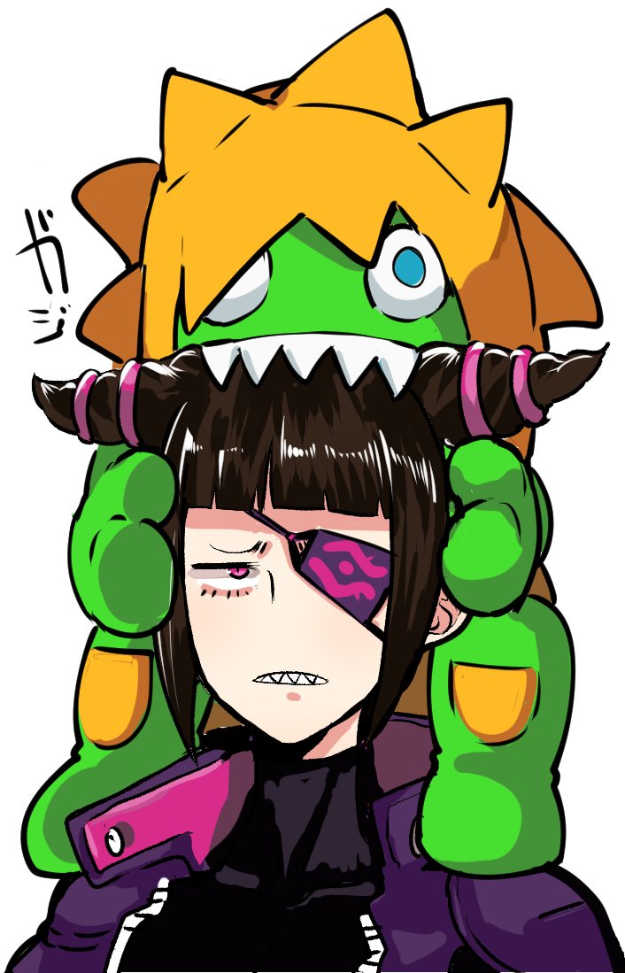 1boy 1girl annoyed biting blanka blanka-chan blue_eyes bodysuit chocolate_hair drill_hair eye_(mememem) eyepatch googly_eyes green_skin han_juri jacket on_head open_clothes open_jacket orange_hair sharp_teeth street_fighter street_fighter_v stuffed_toy teeth twin_drills unamused upper_body violet_eyes