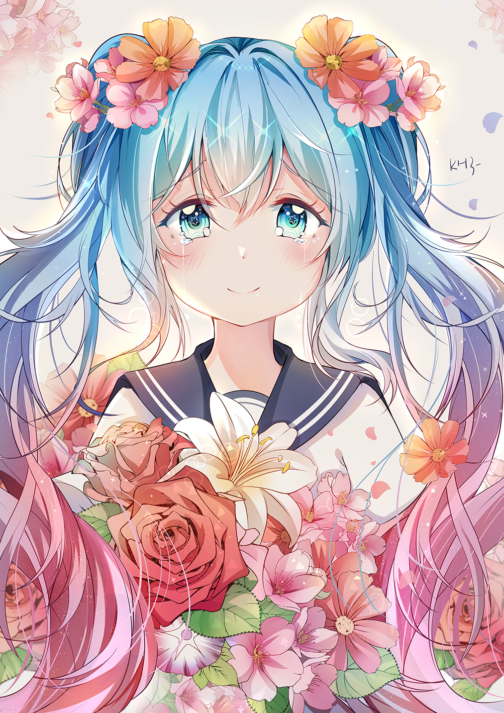 1136002526 1girl blue_eyes blue_hair blush closed_mouth flower hair_flower hair_ornament hatsune_miku highres long_hair looking_at_viewer smile solo star star-shaped_pupils symbol-shaped_pupils tears twintails upper_body vocaloid