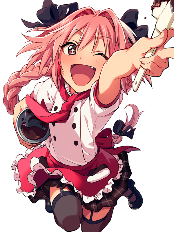 1boy ;d apron arm_up astolfo_(fate) black_bow black_legwear blush bow braid chef_uniform chocolate fang fate/apocrypha fate/grand_order fate_(series) frilled_apron frills garter_straps hair_intakes long_braid long_hair looking_at_viewer male_focus miniskirt multicolored_hair one_eye_closed open_mouth pink_hair pleated_skirt red_apron red_neckwear sayshownen simple_background single_braid skirt smile streaked_hair thigh-highs trap very_long_hair violet_eyes waist_apron white_background