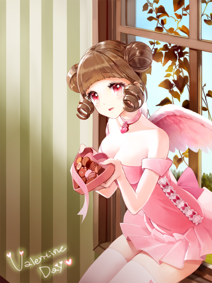 1girl bare_shoulders box_of_chocolates breasts brown_hair choker cleavage curly_hair double_bun dress heart-shaped_box hinare_(hinare777) looking_at_viewer medium_breasts original pink_dress pink_eyes pink_neckwear pink_ribbon pink_wings ribbon short_hair sitting smile solo strapless strapless_dress thigh-highs valentine white_legwear window wings zettai_ryouiki