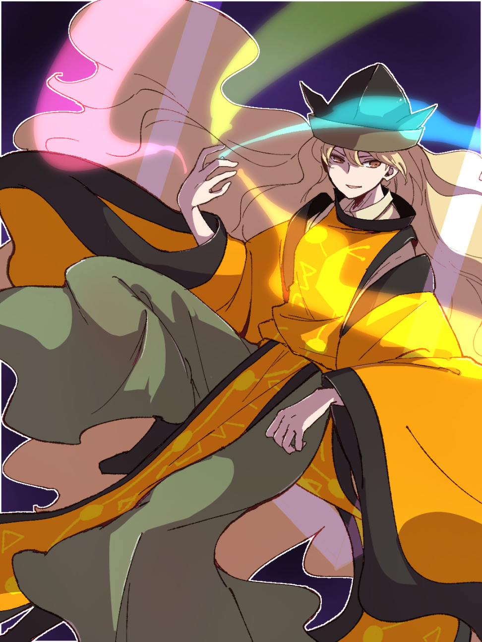 1girl akizuki_maku black_hat blonde_hair commentary_request constellation_print green_skirt hair_between_eyes hat highres light long_hair long_skirt long_sleeves matara_okina open_mouth skirt solo tabard touhou very_long_hair wide_sleeves yellow_eyes