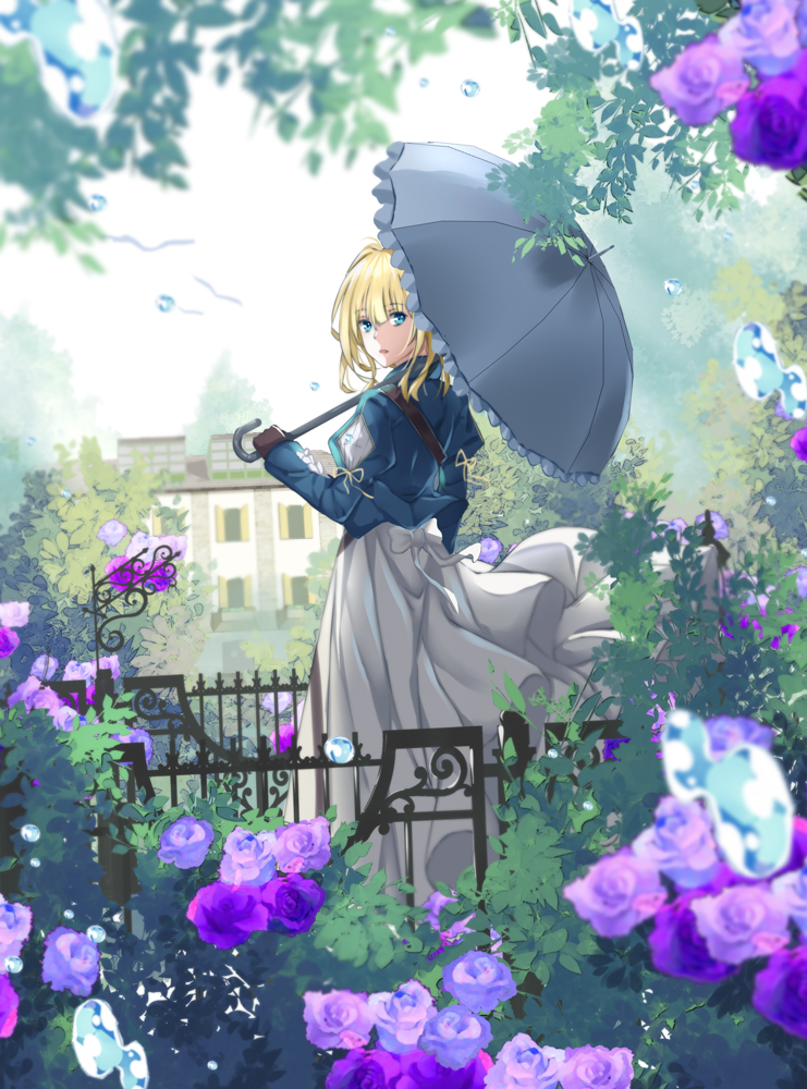1girl blue_eyes brown_gloves day dress droplets fence flower gate gloves grey_umbrella house looking_at_viewer looking_back outdoors over_shoulder scenery solo standing umbrella violet_evergarden violet_evergarden_(character) white_dress wuming_yaoguai