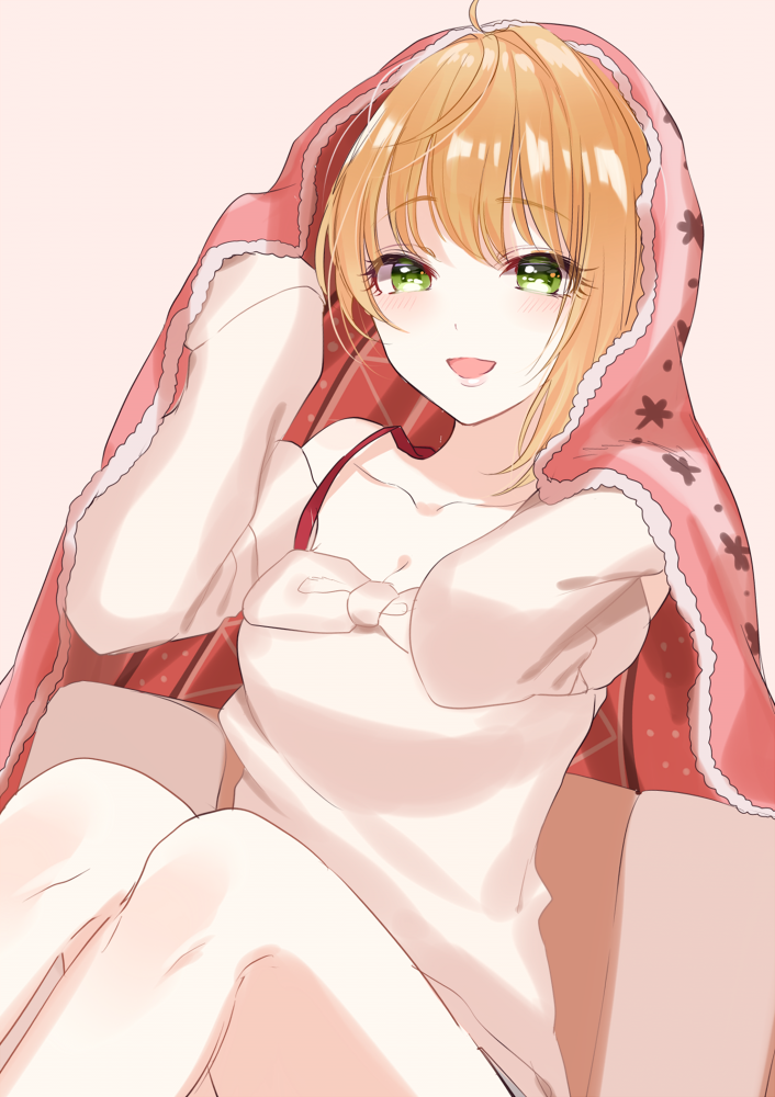 1girl asymmetrical_hair bangs blanket blonde_hair blush breasts cleavage collarbone eyebrows_visible_through_hair green_eyes idolmaster idolmaster_cinderella_girls knees_up looking_at_viewer miyamoto_frederica off-shoulder_sweater open_mouth short_hair simple_background sinsihukunokonaka sitting smile solo sweater thighs white_sweater