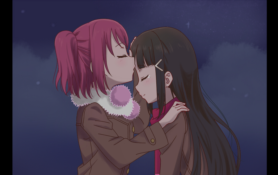 2girls black_hair blush closed_eyes commentary_request forehead_kiss from_side fur_trim hair_ornament hairclip kiss kurosawa_dia kurosawa_ruby long_hair long_sleeves love_live! love_live!_sunshine!! medium_hair multiple_girls night night_sky pink_hair pom_pom_(clothes) red_scarf ru_yue_kong scarf siblings sisters sky smile star_(sky) tearing_up two_side_up upper_body