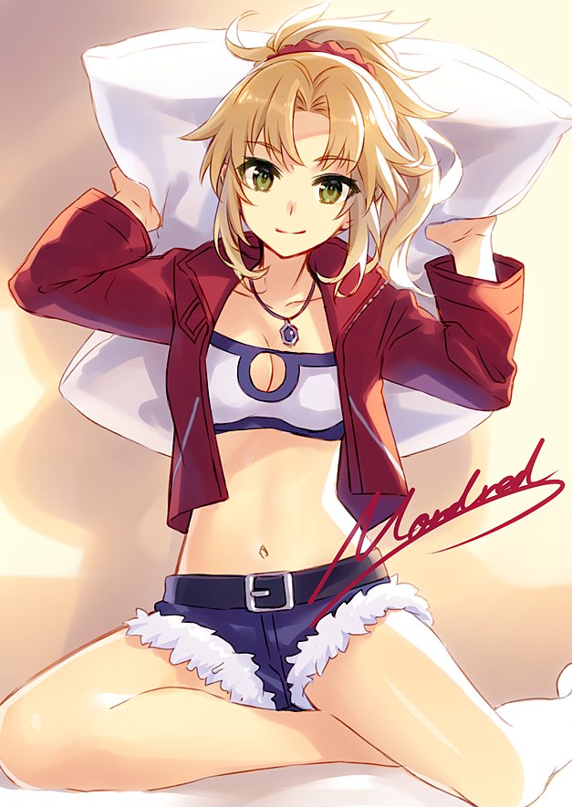 1girl arms_up bandeau bangs bare_legs belt belt_buckle blonde_hair breasts buckle character_name cleavage cleavage_cutout closed_mouth collarbone cutoffs denim denim_shorts eyebrows_visible_through_hair fate/apocrypha fate_(series) green_eyes holding jacket jewelry long_hair long_sleeves looking_at_viewer medium_breasts mordred_(fate) mordred_(fate)_(all) navel necklace open_clothes open_jacket parted_bangs pendant pillow ponytail red_jacket shiny shiny_hair shiny_skin shorts sidelocks sitting smile solo stomach yashiro_seika yokozuwari