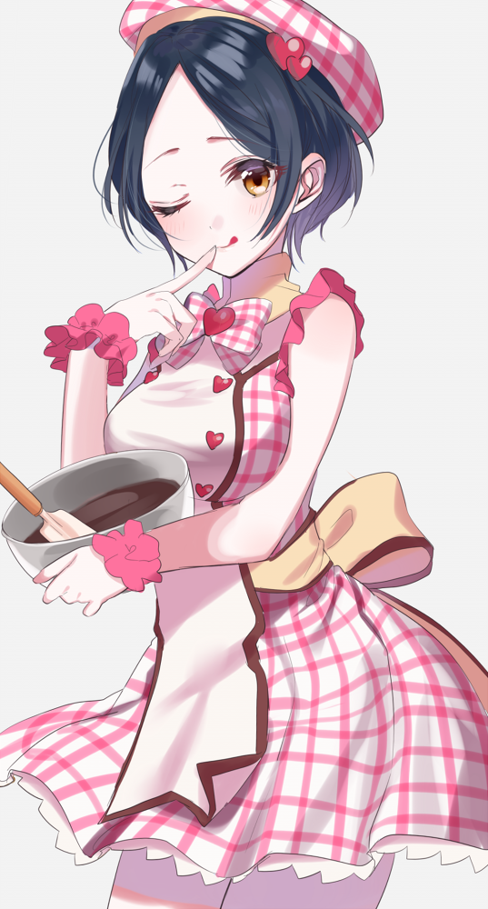 1girl apron bangs beret blue_hair bow bowl bowtie dress finger_to_mouth hair_ornament hat hayami_kanade heart heart_hair_ornament idolmaster idolmaster_cinderella_girls licking_lips looking_at_viewer one_eye_closed parted_bangs pink_dress plaid plaid_dress sash short_hair simple_background sinsihukunokonaka solo spatula tongue tongue_out turtleneck wrist_cuffs yellow_eyes