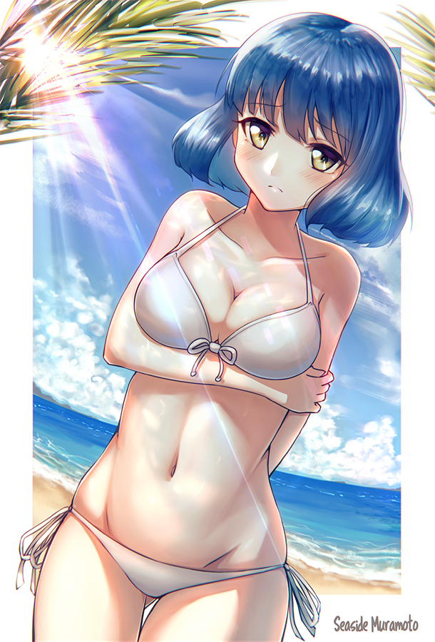 1girl bangs bare_arms bare_shoulders beach bikini blue_hair blue_sky blunt_bangs blush breasts brown_eyes cleavage closed_mouth clouds collarbone day dutch_angle embarrassed eyebrows_visible_through_hair fal front-tie_bikini front-tie_top frown gluteal_fold groin hand_on_own_arm horizon light_rays medium_breasts ocean outside_border palm_tree raised_eyebrows ribbon seaside_muramoto shadow shiny shiny_hair shore short_hair side-tie_bikini sky solo sunbeam sunlight swimsuit tag_force thigh_gap tree white_bikini white_ribbon