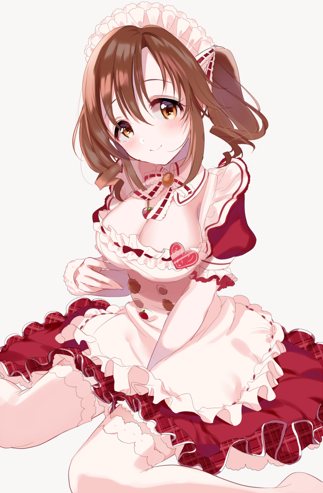 1girl apron bangs blush breasts brown_eyes brown_hair cleavage detached_collar dress frills hair_ribbon headdress idolmaster idolmaster_cinderella_girls jewelry large_breasts looking_at_viewer necklace puffy_short_sleeves puffy_sleeves red_dress ribbon short_sleeves simple_background sinsihukunokonaka sitting smile solo thigh-highs totoki_airi twintails wariza white_legwear