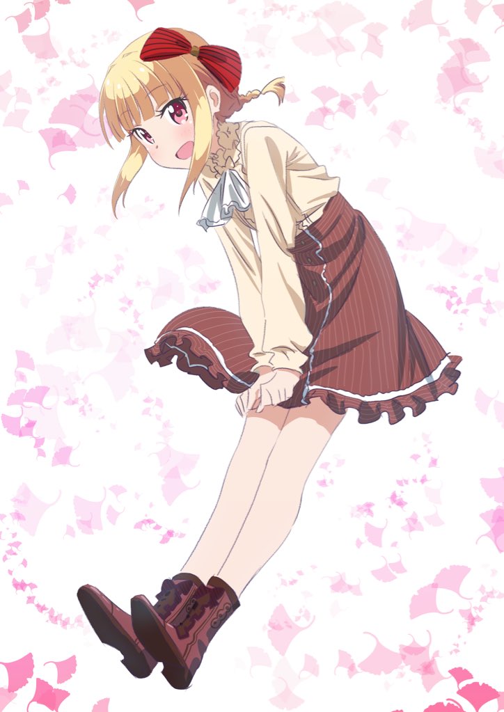 1girl blonde_hair blush boots bow braid brown_footwear brown_skirt eyebrows_visible_through_hair full_body grey_shirt hair_bow iijima_yun looking_at_viewer new_game! open_mouth red_bow red_eyes shirt short_hair_with_long_locks short_ponytail sidelocks skirt skirt_tug solo striped striped_bow white_neckwear