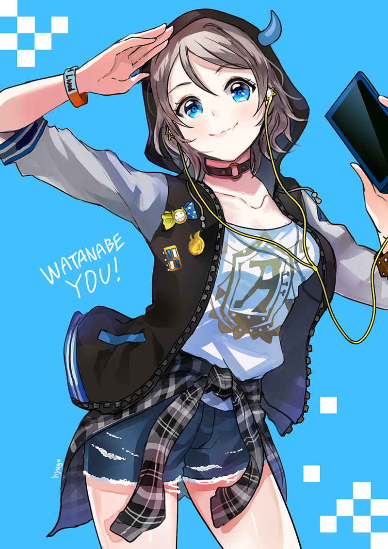 1girl blue_background blue_eyes bracelet character_name choker clothes_around_waist cowboy_shot denim denim_shorts earphones earphones grey_hair hood hood_up hooded_jacket horns hyugo jacket jewelry love_live! love_live!_sunshine!! o-ring_choker pin plaid plaid_shirt print_shirt salute shirt shirt_around_waist short_hair short_shorts shorts smile solo watanabe_you