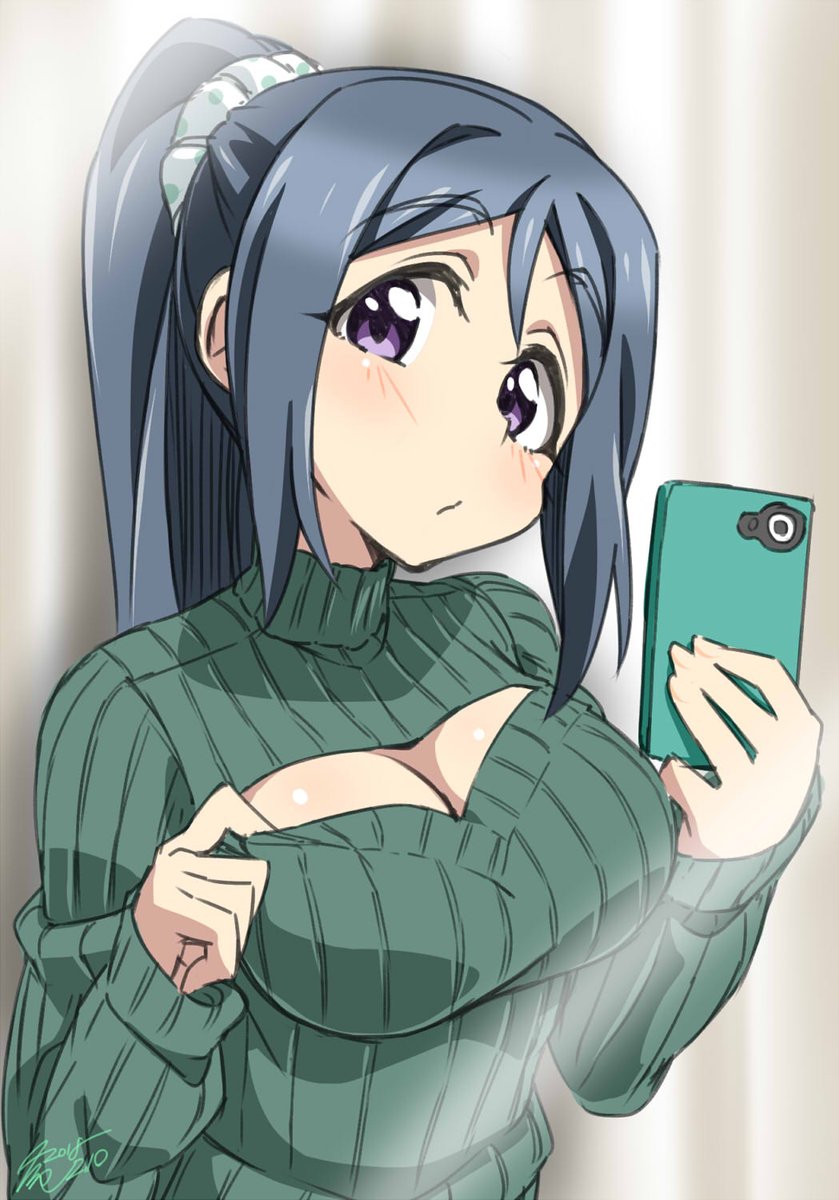 1girl :/ blue_hair blush breasts cellphone cellphone_camera cleavage cleavage_cutout closed_mouth eyebrows_visible_through_hair green_sweater hair_ornament hair_scrunchie head_tilt highres long_hair long_sleeves looking_at_viewer love_live! love_live!_sunshine!! matsuura_kanan medium_breasts phone polka_dot polka_dot_scrunchie scrunchie self_shot signature smartphone solo takeya_yuuki tareme upper_body violet_eyes