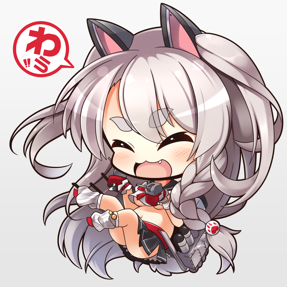 1girl :3 :d ^_^ animal_ears azur_lane bangs black_skirt blush braid breasts cannon chibi closed_eyes commentary_request crop_top crop_top_overhang eyebrows_visible_through_hair fang fingerless_gloves full_body gloves grey_background hair_between_eyes hair_ornament long_hair loose_socks medium_breasts midriff navel open_mouth pleated_skirt puffy_short_sleeves puffy_sleeves red_footwear red_gloves school_uniform serafuku shachoo. shirt short_sleeves side_braid silver_hair simple_background single_braid skirt smile socks solo tail thick_eyebrows translation_request turret under_boob very_long_hair white_legwear white_shirt wolf_ears wolf_girl wolf_tail yuudachi_(azur_lane)